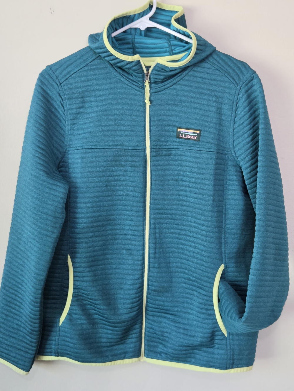 L.L. Bean Teal Quilted Zip Hoodie with Light Yellow Trim